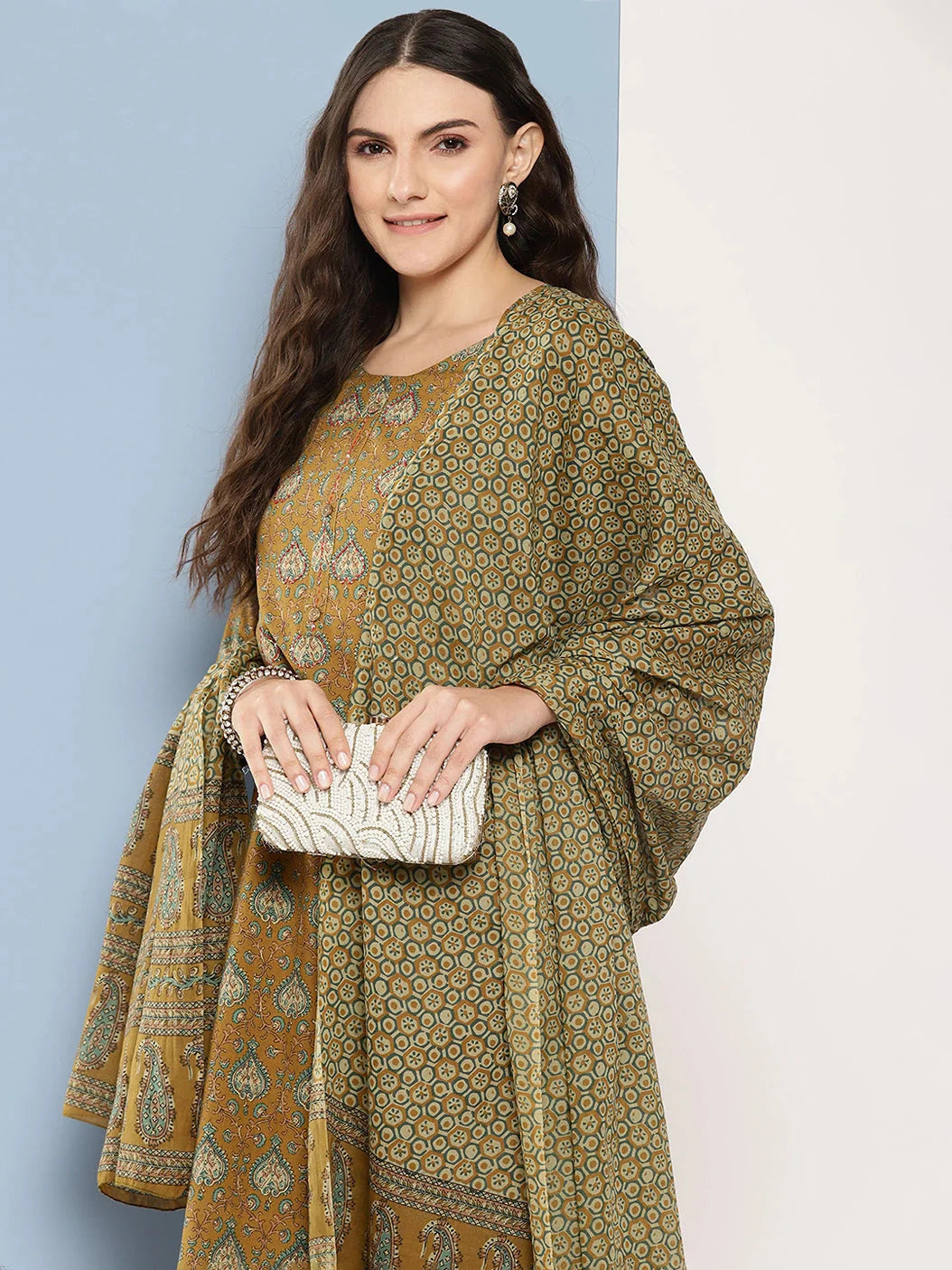 Mustard brown & cream printed Kurta with Trousers with dupatta Set-Yufta Store-1367SKDBRS