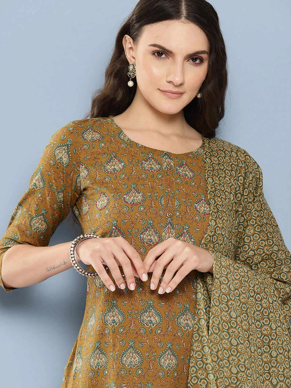 Mustard brown & cream printed Kurta with Trousers with dupatta Set-Yufta Store-1367SKDBRS