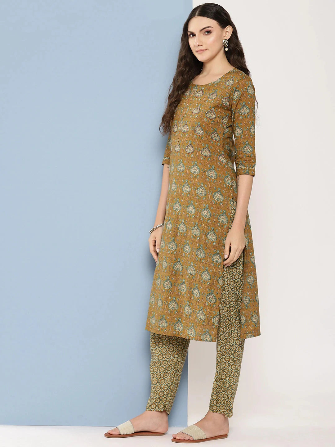 Mustard brown & cream printed Kurta with Trousers with dupatta Set-Yufta Store-1367SKDBRS