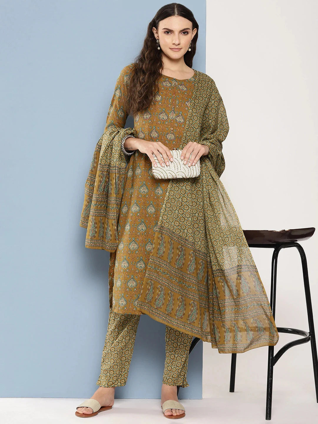 Mustard brown & cream printed Kurta with Trousers with dupatta Set-Yufta Store-1367SKDBRS