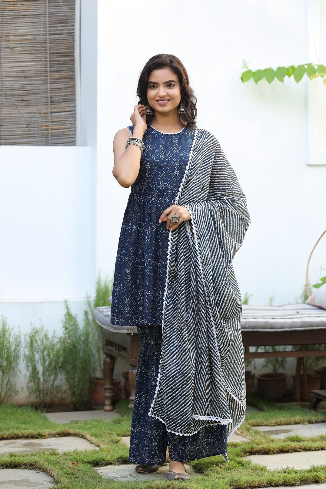 Navy Blue Bhandhej Printed Sharara Set