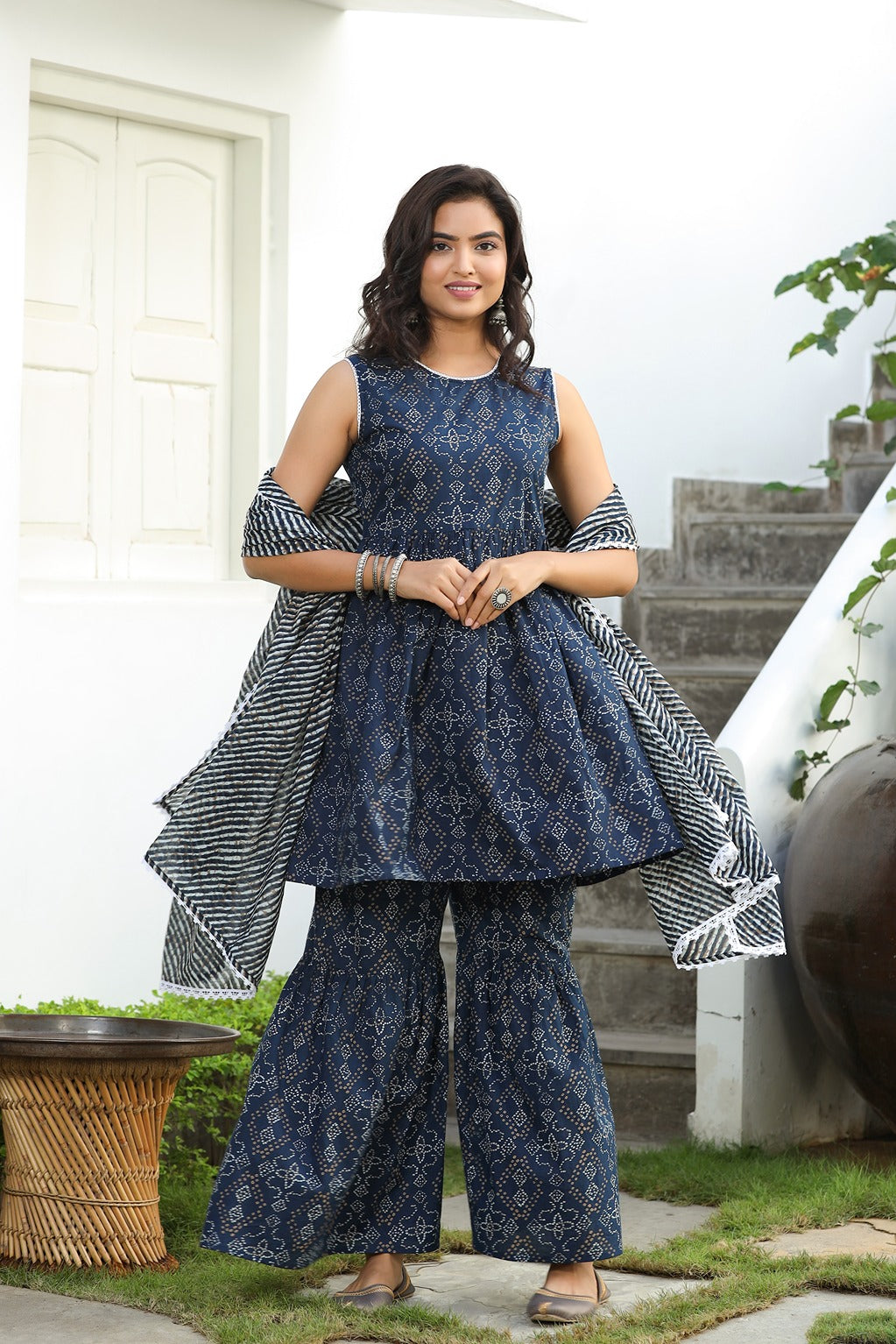 Navy Blue Bhandhej Printed Sharara Set