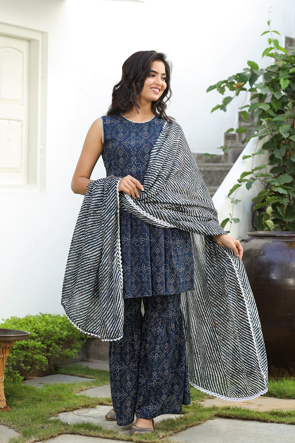 Navy Blue Bhandhej Printed Sharara Set