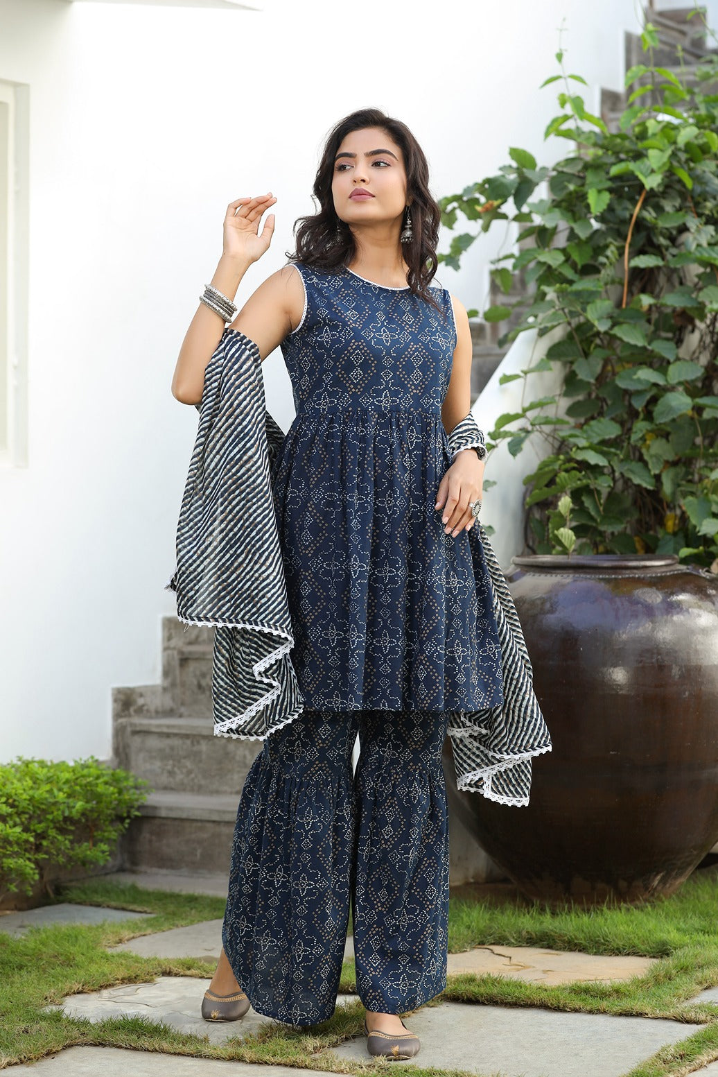 Navy Blue Bhandhej Printed Sharara Set