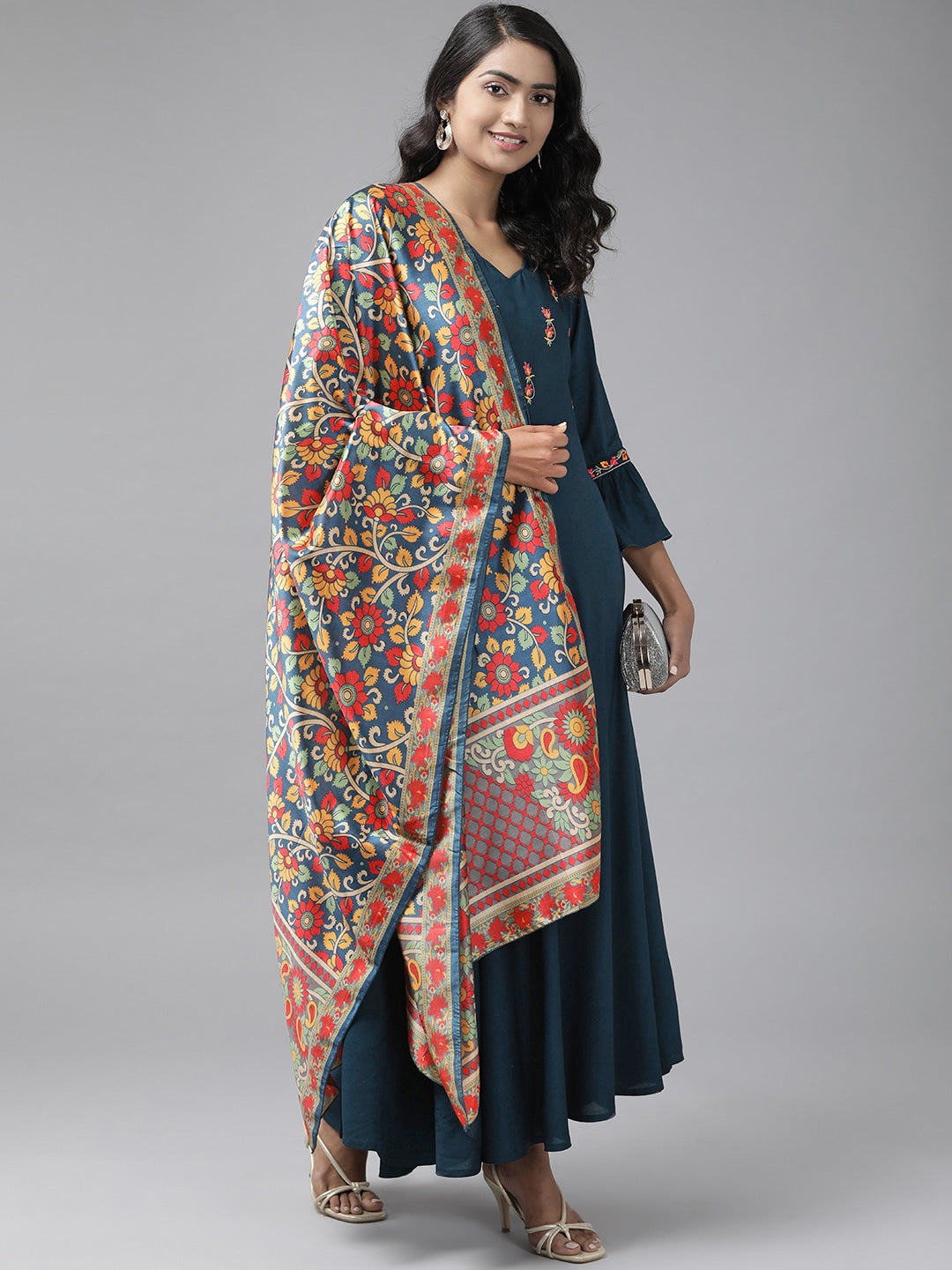 Navy Blue Embroidered Dress with Dupatta