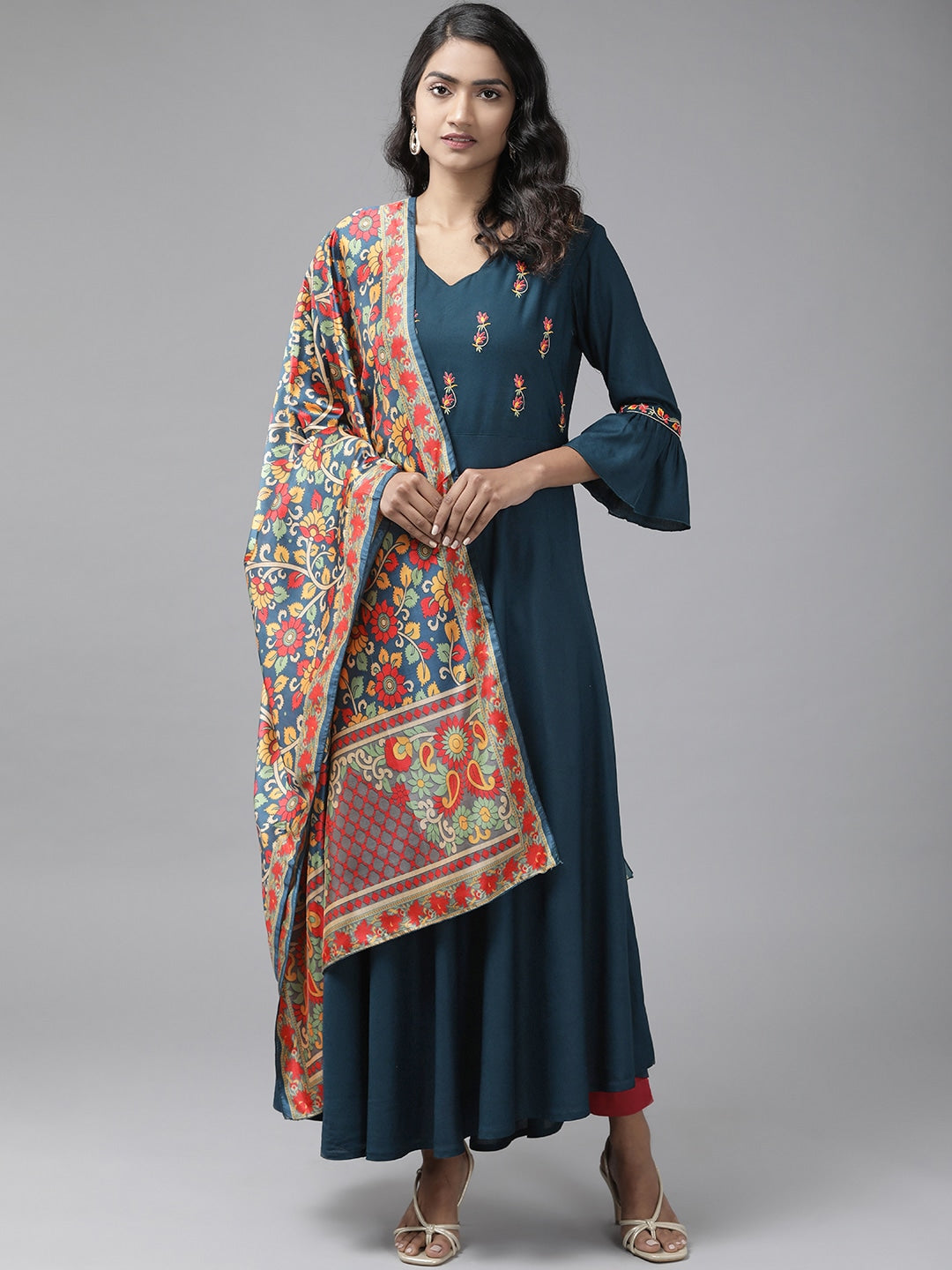 Navy Blue Embroidered Dress with Dupatta