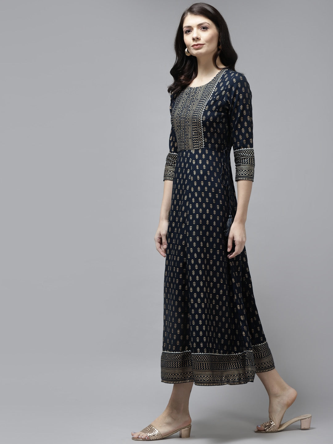 Navy Blue Ethnic A-Line Dress-Yufta Store-5804DRSNBS