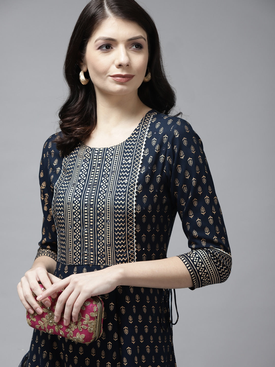 Navy Blue Ethnic A-Line Dress-Yufta Store-5804DRSNBS