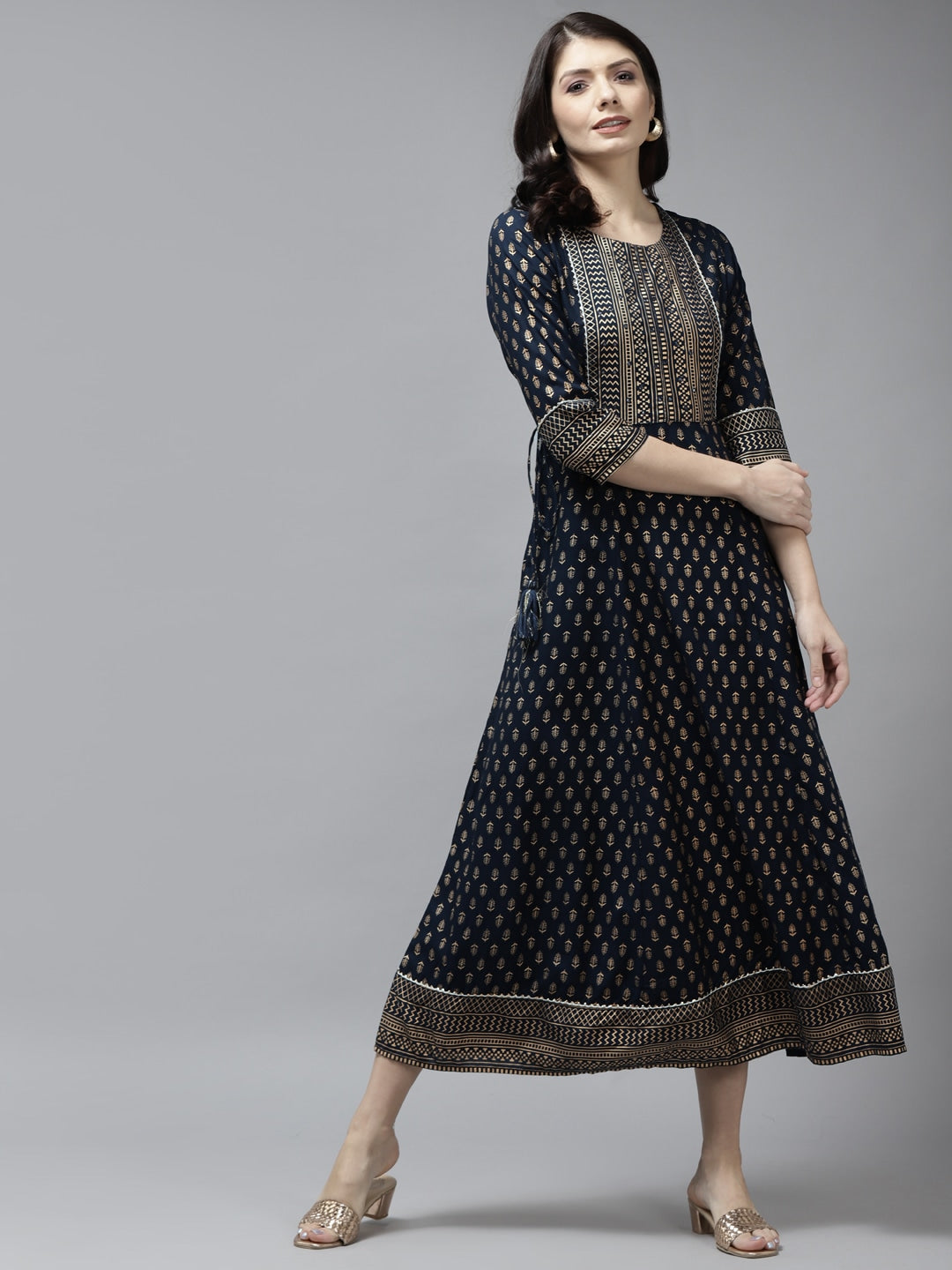 Navy Blue Ethnic A-Line Dress-Yufta Store-5804DRSNBS