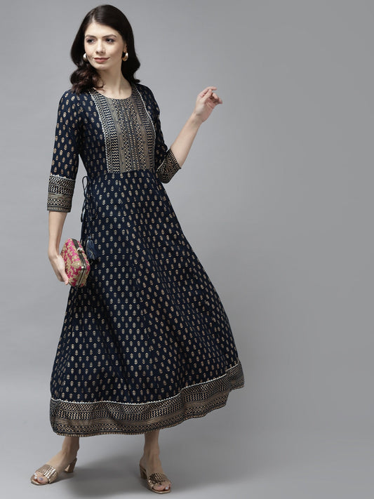 Navy Blue Ethnic A-Line Dress-Yufta Store-5804DRSNBS