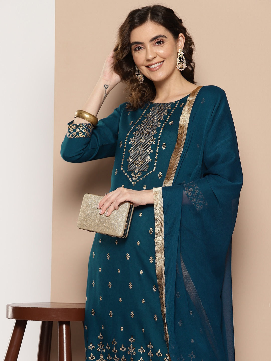 Navy Blue Ethnic Motifs Embroidered Regular Sequinned Kurta With Trousers & Dupatta-Yufta Store-9862SKDBLS