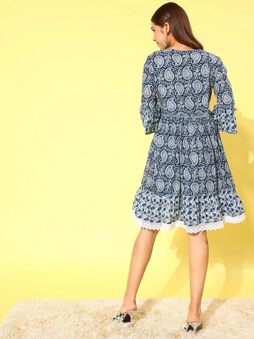 Navy Blue Ethnic Motifs Print Tie-Up Neck Pure Cotton A-Line Dress-Yufta Store-1338DRSBLS