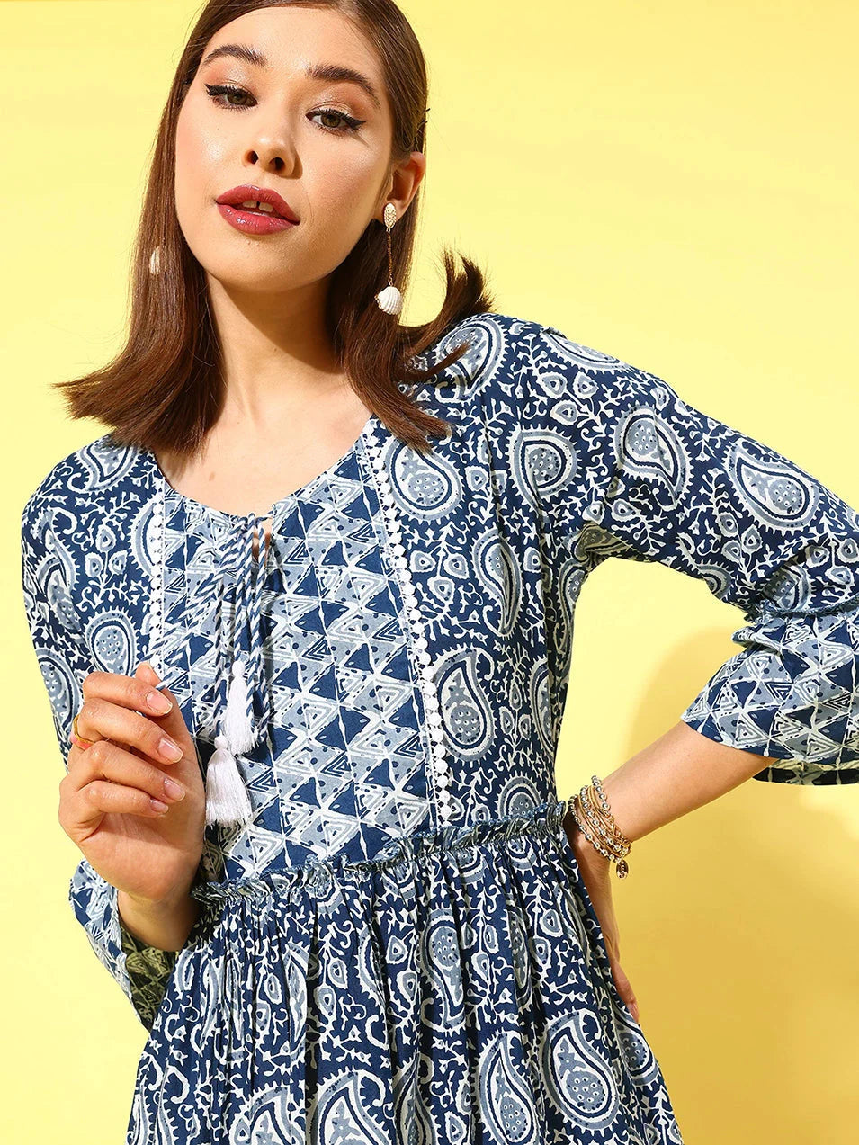 Navy Blue Ethnic Motifs Print Tie-Up Neck Pure Cotton A-Line Dress-Yufta Store-1338DRSBLS