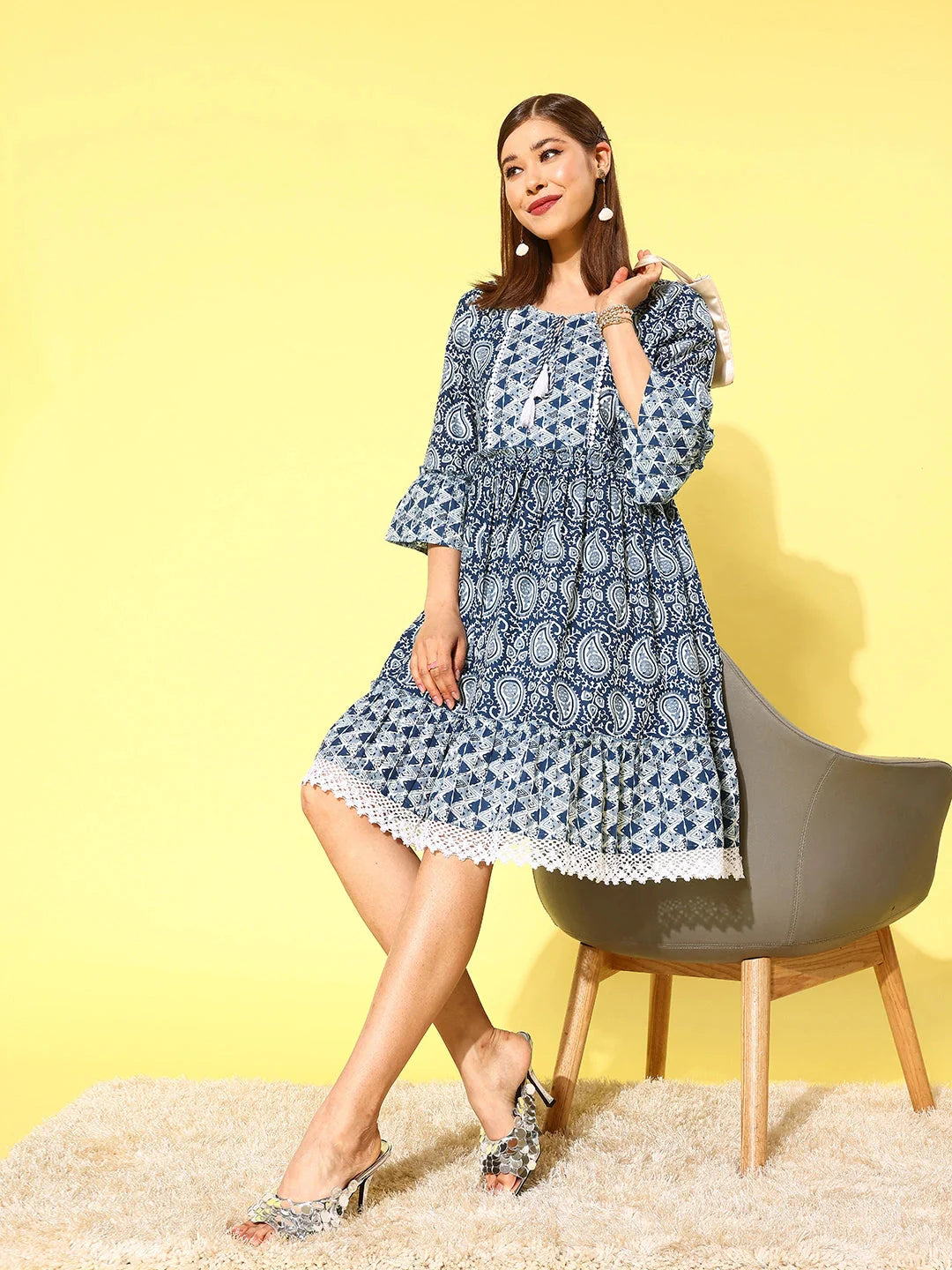 Navy Blue Ethnic Motifs Print Tie-Up Neck Pure Cotton A-Line Dress-Yufta Store-1338DRSBLS