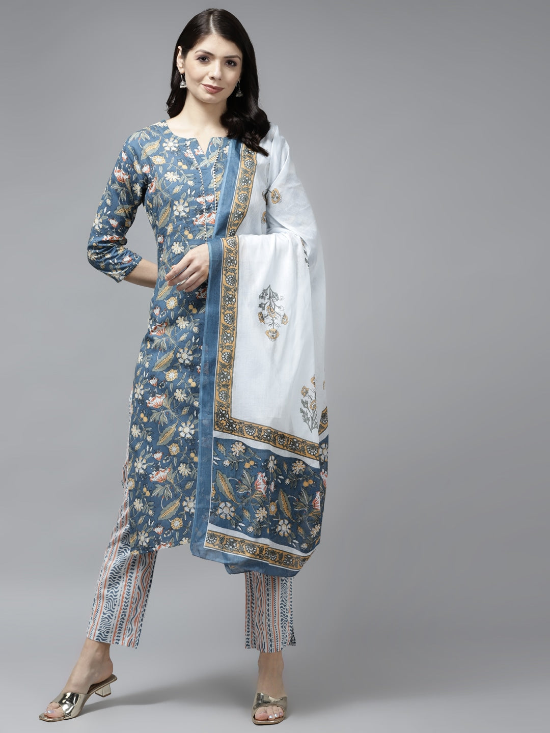 Navy Blue Ethnic Motifs Printed Dupatta Set-Yufta Store-9789SKDBLS