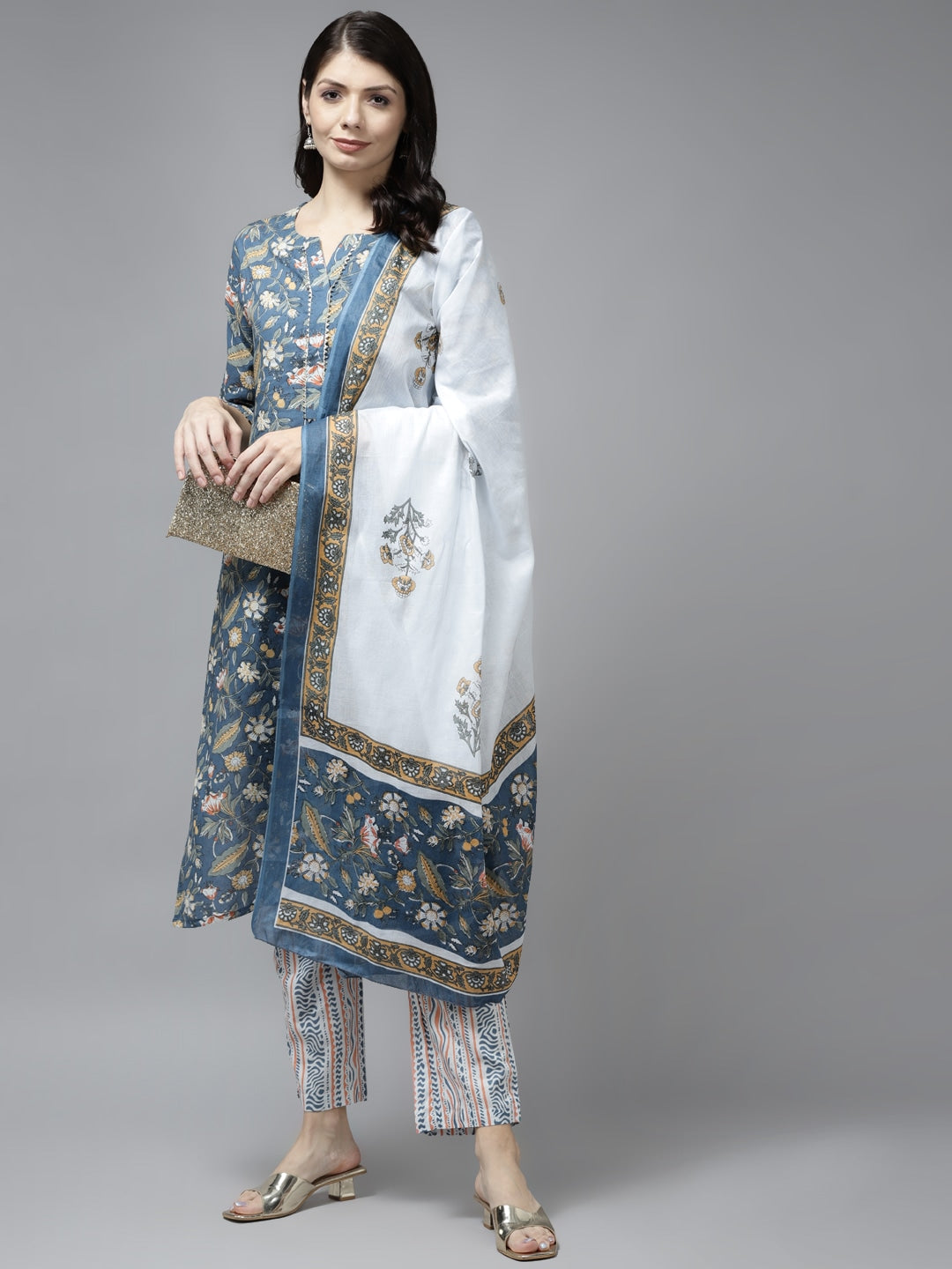 Navy Blue Ethnic Motifs Printed Dupatta Set-Yufta Store-9789SKDBLS