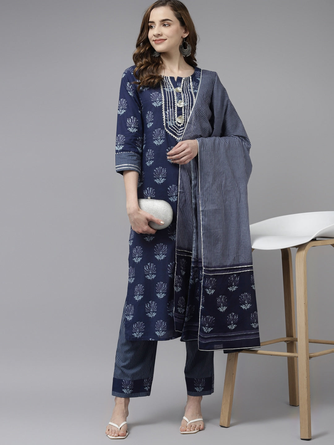 Navy Blue Ethnic Printed Dupatta Set-Yufta Store-2706SKDNBS