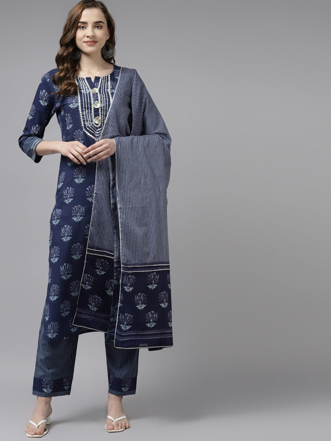 Navy Blue Ethnic Printed Dupatta Set-Yufta Store-2706SKDNBS