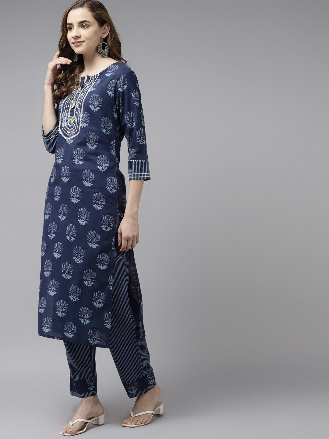 Navy Blue Ethnic Printed Dupatta Set-Yufta Store-2706SKDNBS