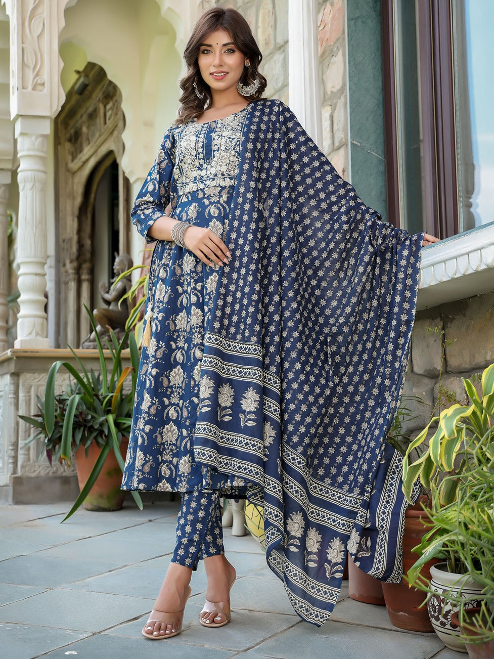 Navy Blue Floral Printed Regular Thread Work Pure Cotton Kurta with Trousers & With Dupatta