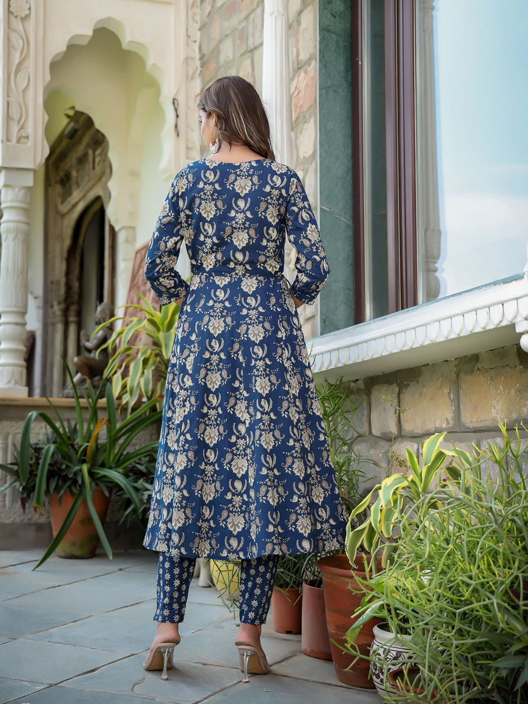 Navy Blue Floral Printed Regular Thread Work Pure Cotton Kurta with Trousers & With Dupatta