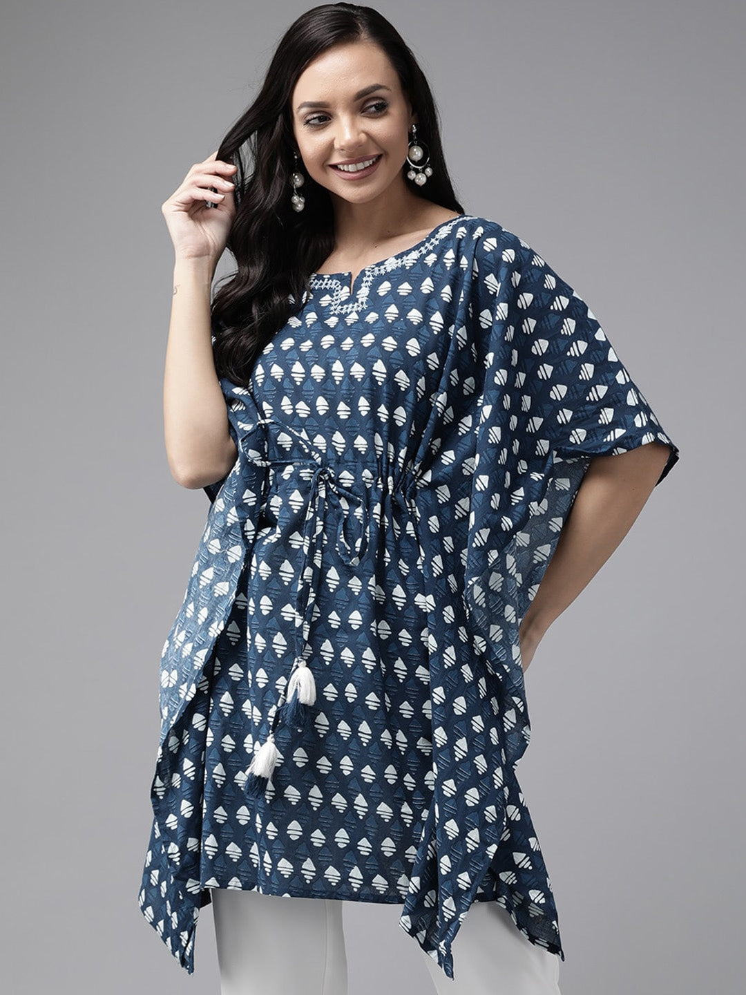 Navy Blue Geometric Printed Kaftan-Yufta Store-9287KFTNBS