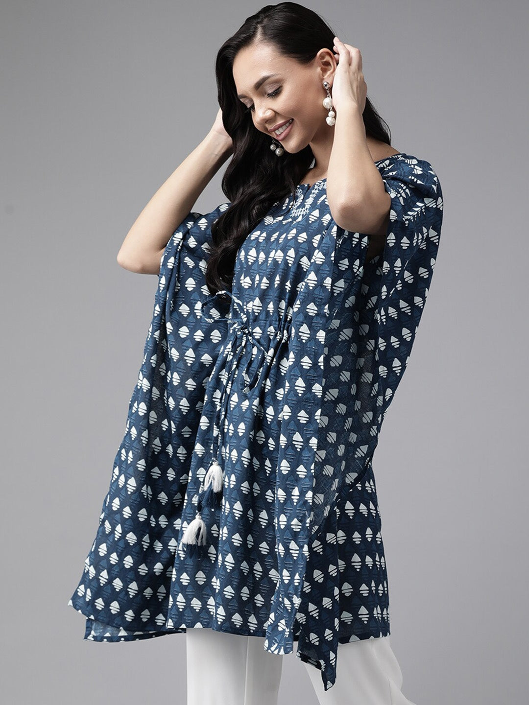 Navy Blue Geometric Printed Kaftan-Yufta Store-9287KFTNBS