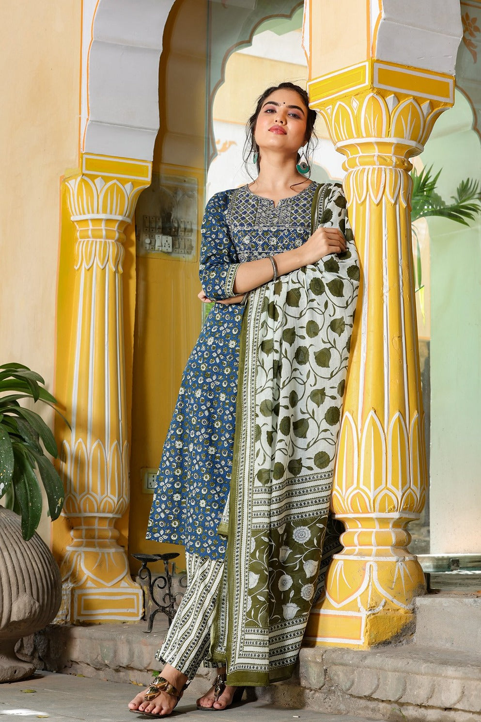 Navy Blue & Green Dupatta Set-Yufta Store-2026SKDBLM