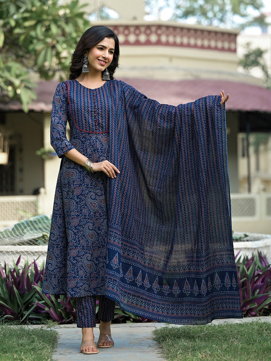 Navy Blue Paisley,Sequins_Work Kurta Trouser with Dupatta Set-Yufta Store-1763SKDNBS