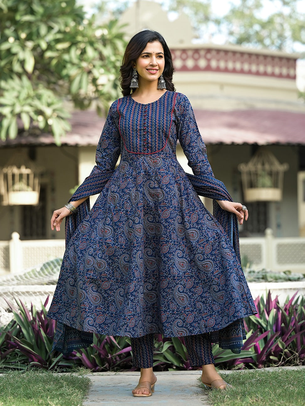 Navy Blue Paisley,Sequins_Work Kurta Trouser with Dupatta Set-Yufta Store-1763SKDNBS