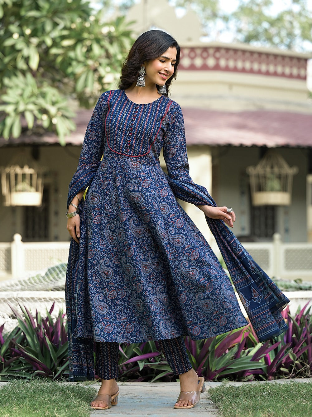 Navy Blue Paisley,Sequins_Work Kurta Trouser with Dupatta Set-Yufta Store-1763SKDNBS