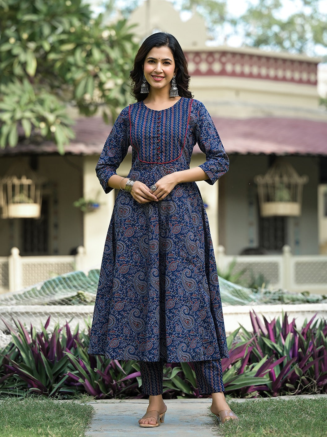 Navy Blue Paisley,Sequins_Work Kurta Trouser with Dupatta Set-Yufta Store-1763SKDNBS