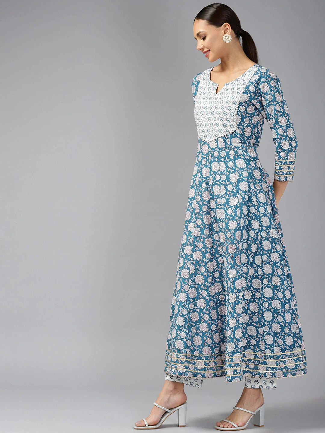 Navy Blue Printed Cotton Dupatta Set-Yufta Store-9768SKDBLS