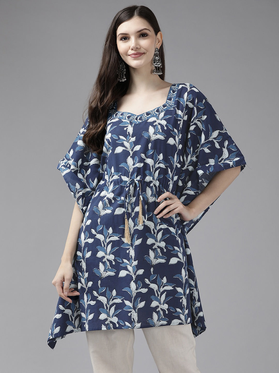 Navy Blue Printed Kaftan Kurta