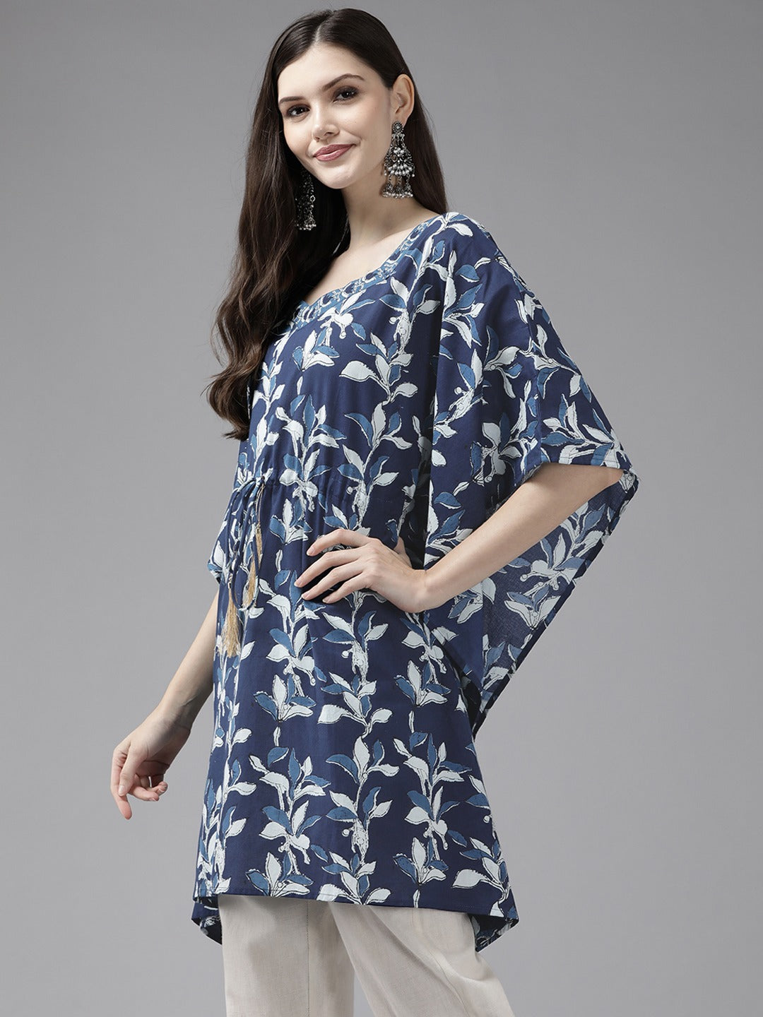 Navy Blue Printed Kaftan Kurta