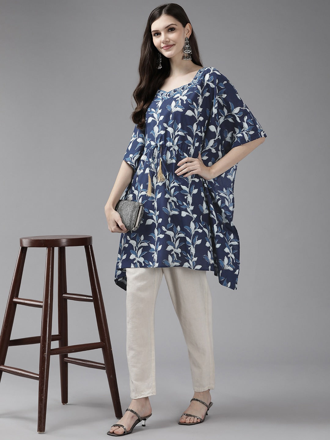 Navy Blue Printed Kaftan Kurta