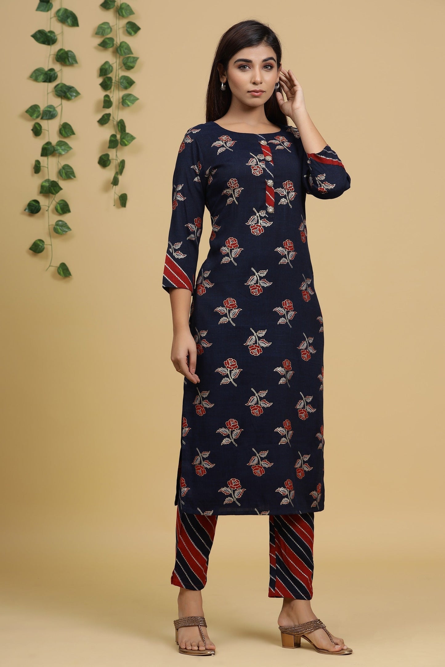 Navy Blue Printed Kurta Set