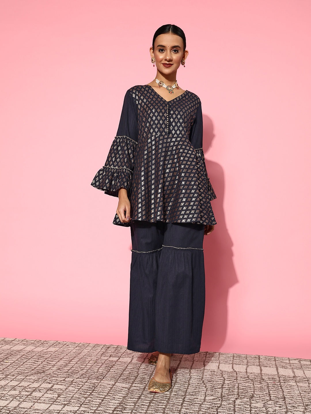 Navy Blue Printed Kurta & Sharara-Yufta Store-8114CRDNBXS