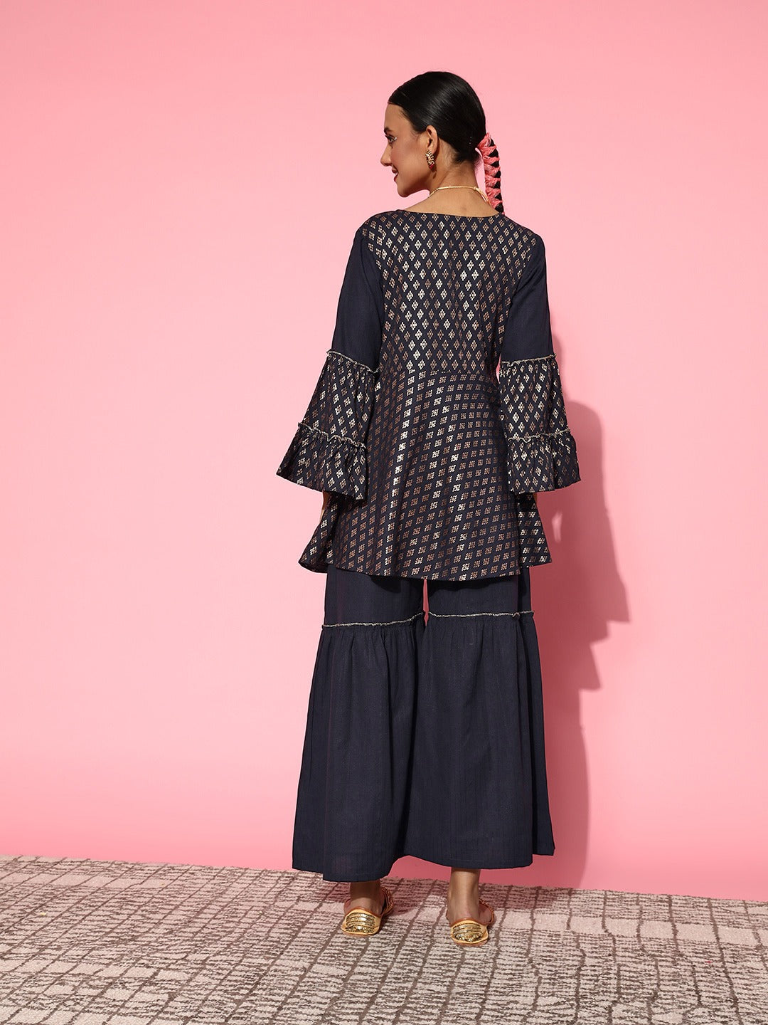 Navy Blue Printed Kurta & Sharara-Yufta Store-8114CRDNBXS