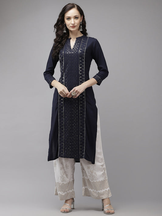 Navy Blue Regular Sequinned Kurta Set-Yufta Store-5138SETNBS