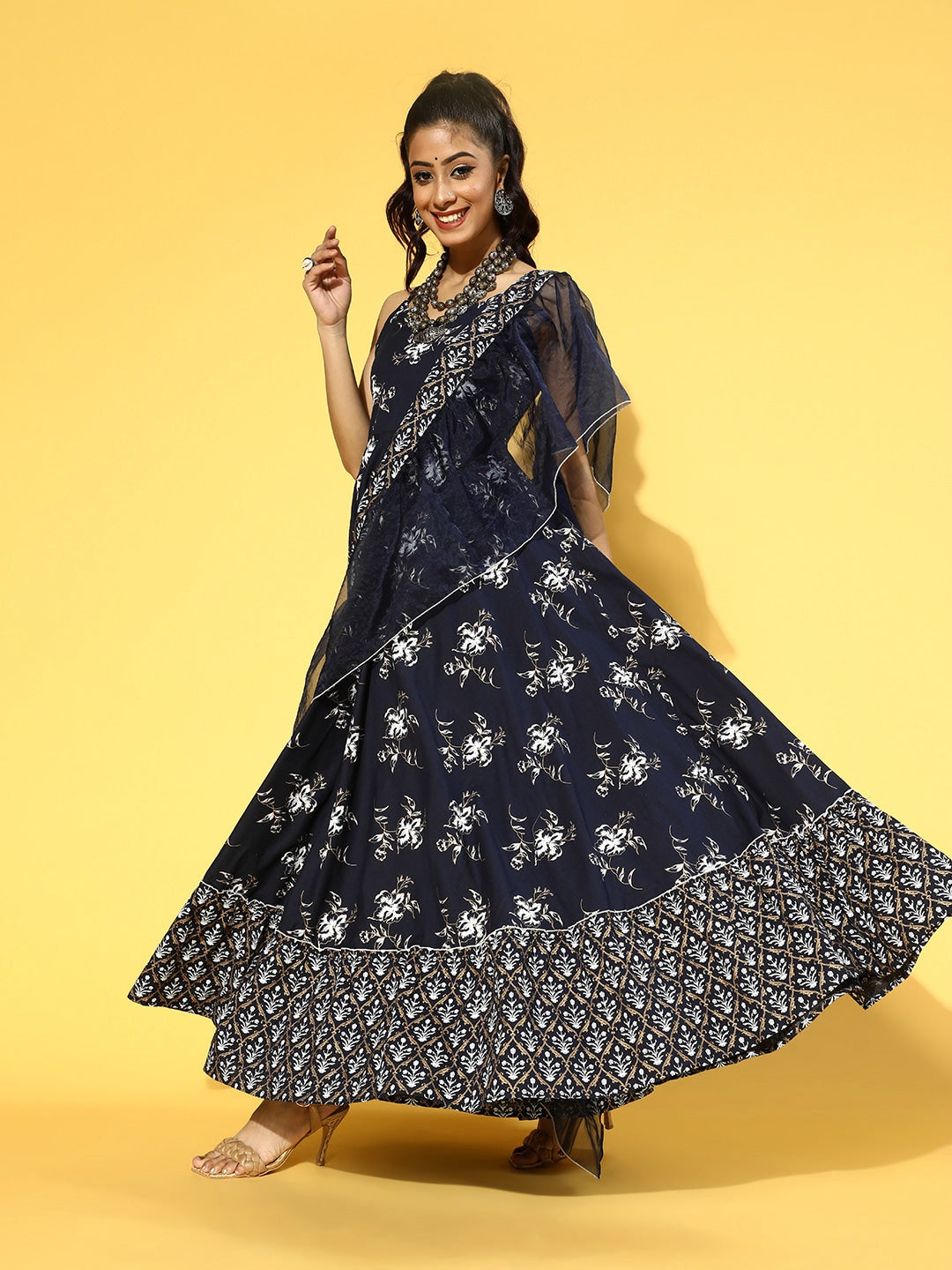 Navy Blue & White Printed Dress Dupatta-Yufta Store-9605DRSBLXS