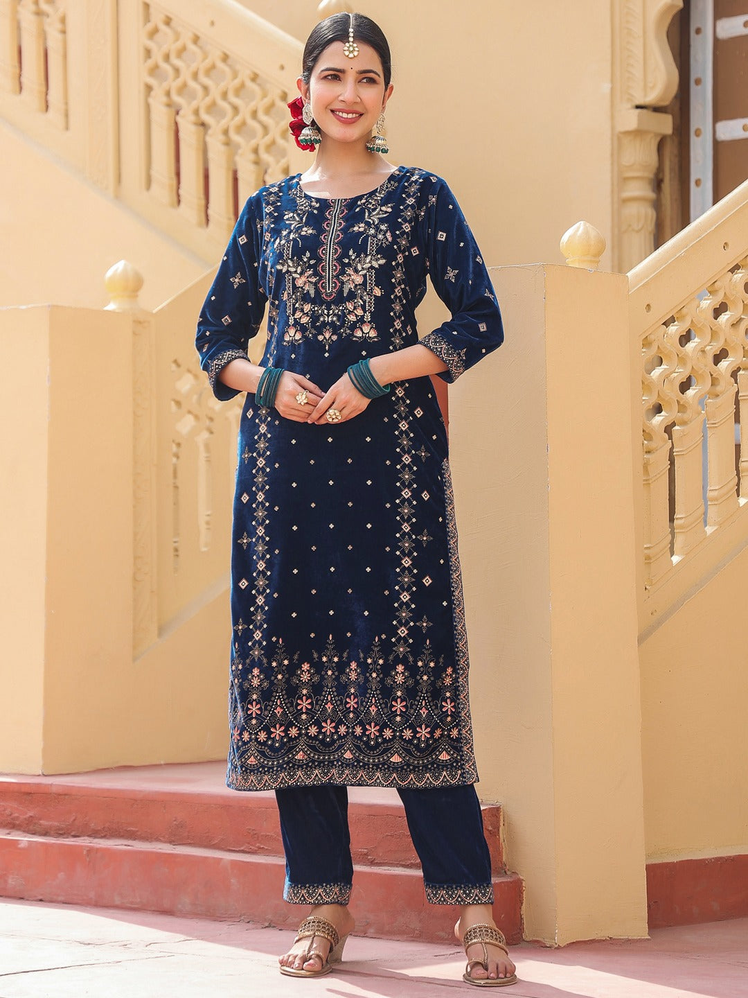 Navy Blue velvet kurta dupatta set-Yufta Store-1678SKDNBS