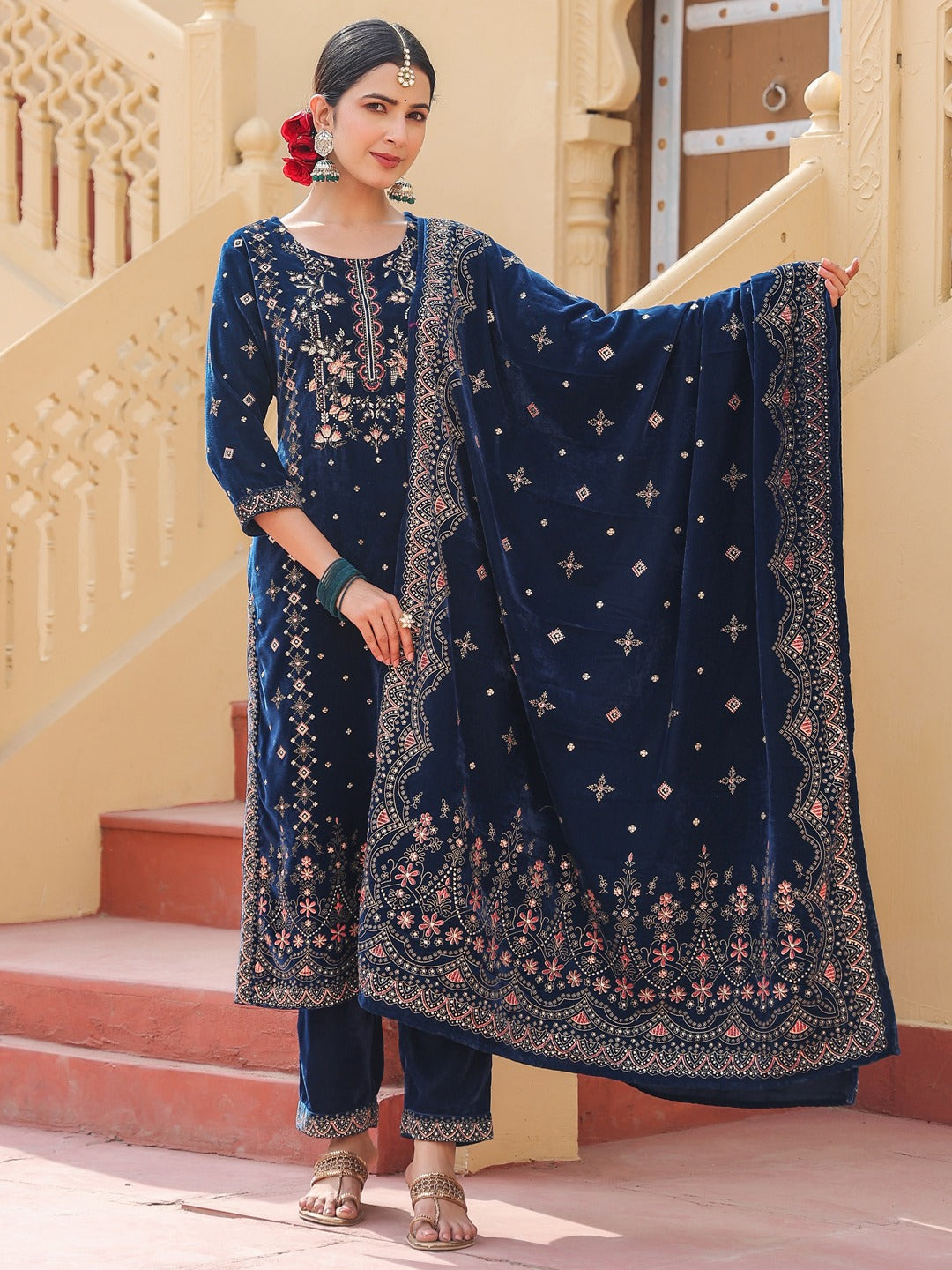 Navy Blue velvet kurta dupatta set-Yufta Store-1678SKDNBS