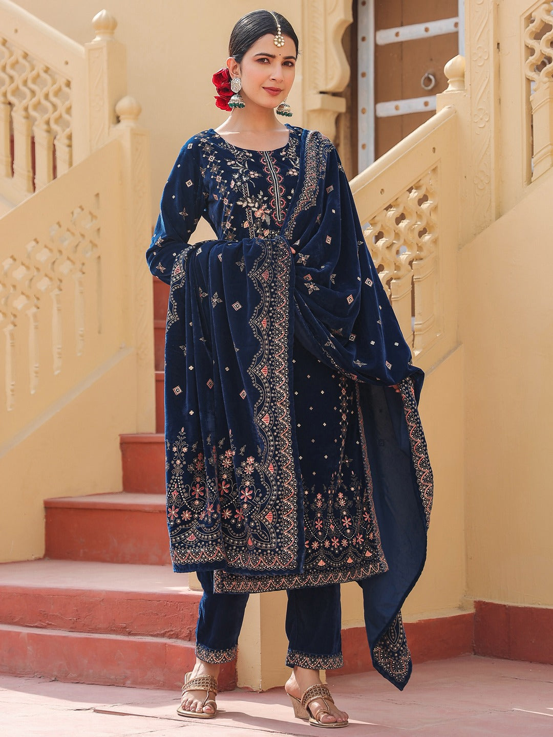 Navy Blue velvet kurta dupatta set-Yufta Store-1678SKDNBS