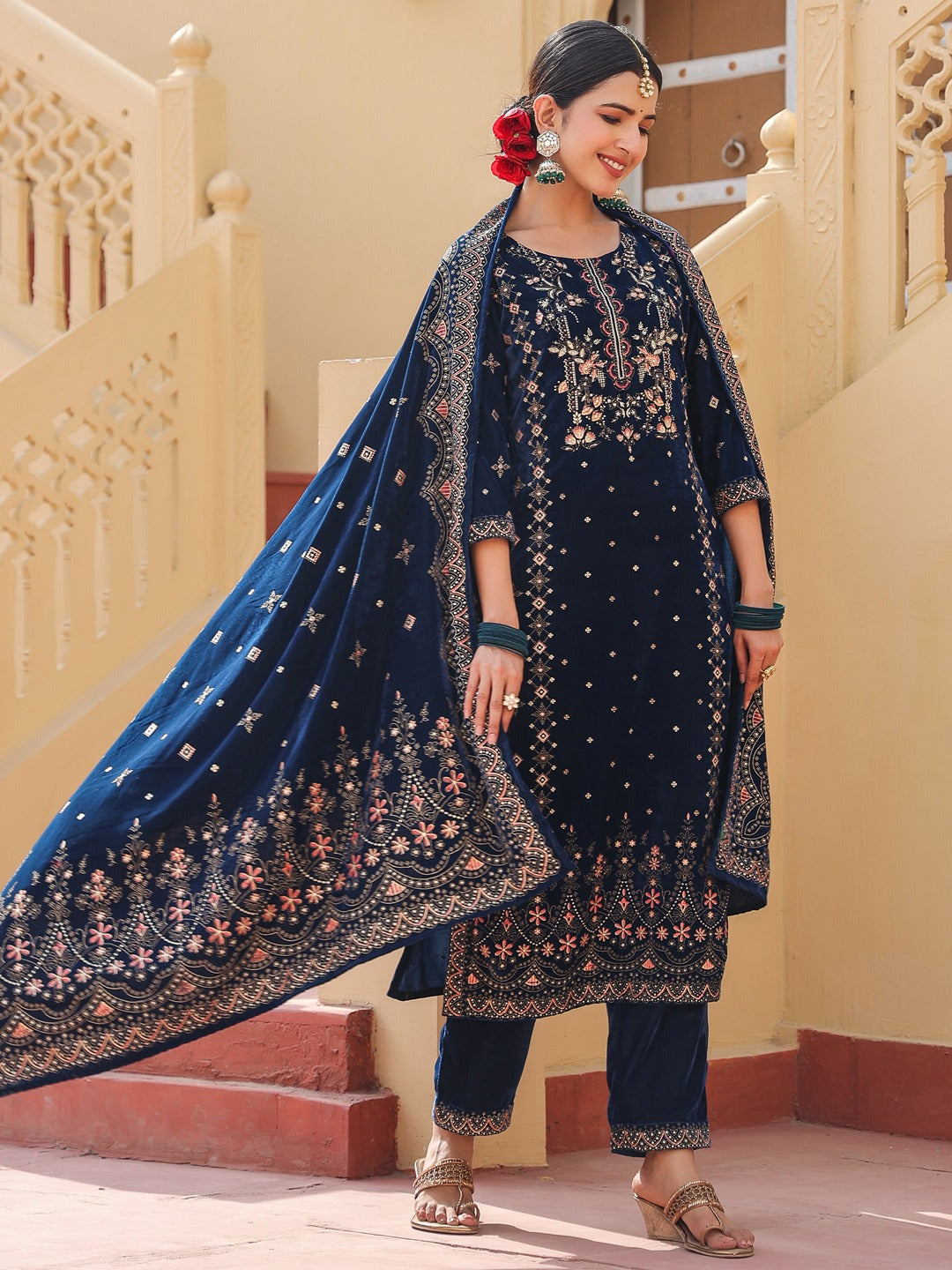 Navy Blue velvet kurta dupatta set-Yufta Store-1678SKDNBS