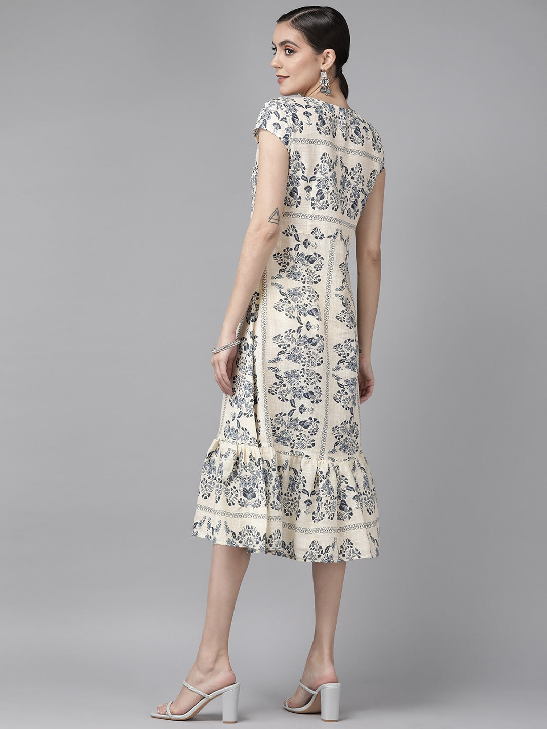 Off White Cotton Floral Print Midi Dress-Yufta Store-9709DRSWHXS