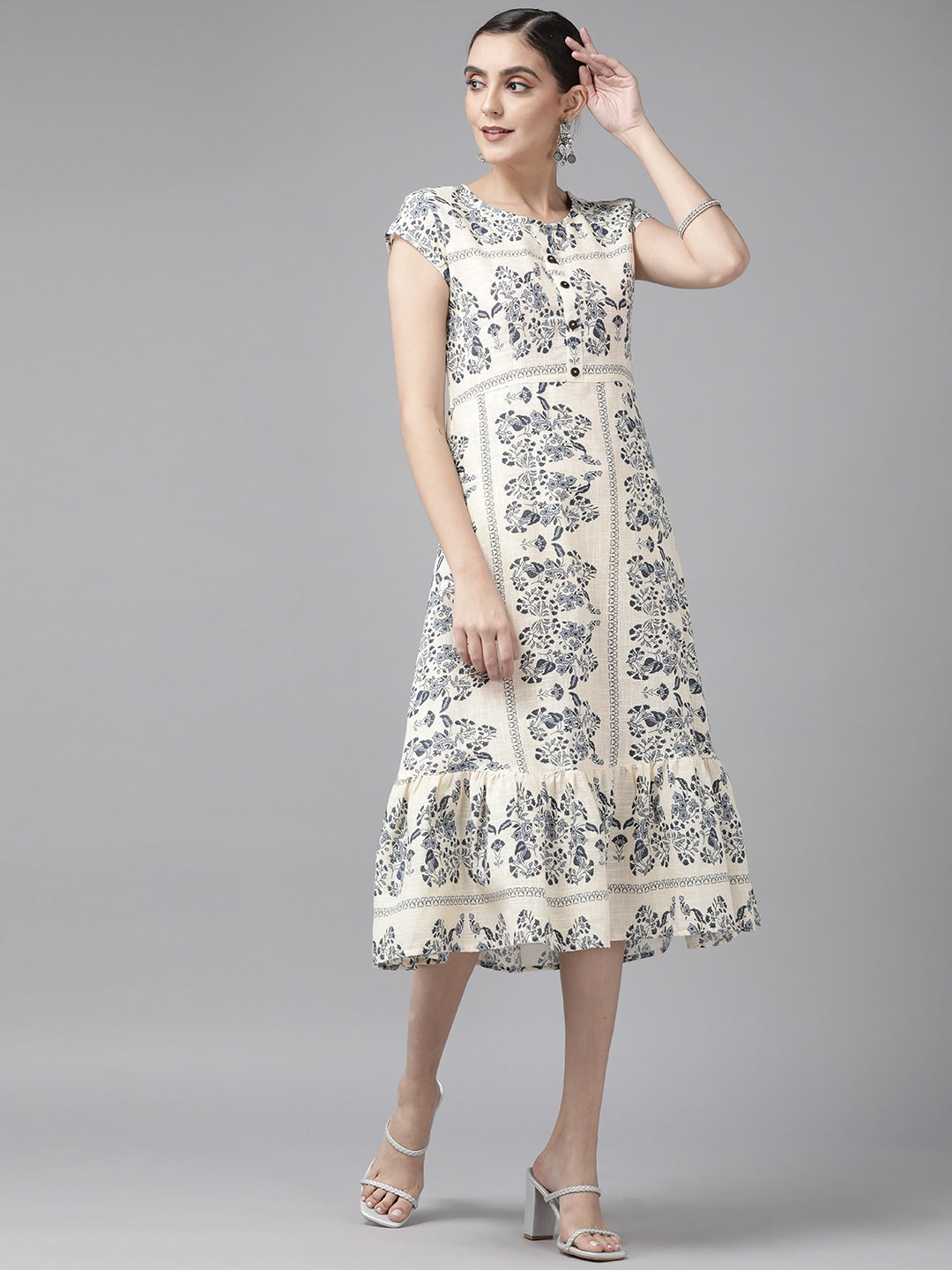 Off White Cotton Floral Print Midi Dress-Yufta Store-9709DRSWHXS