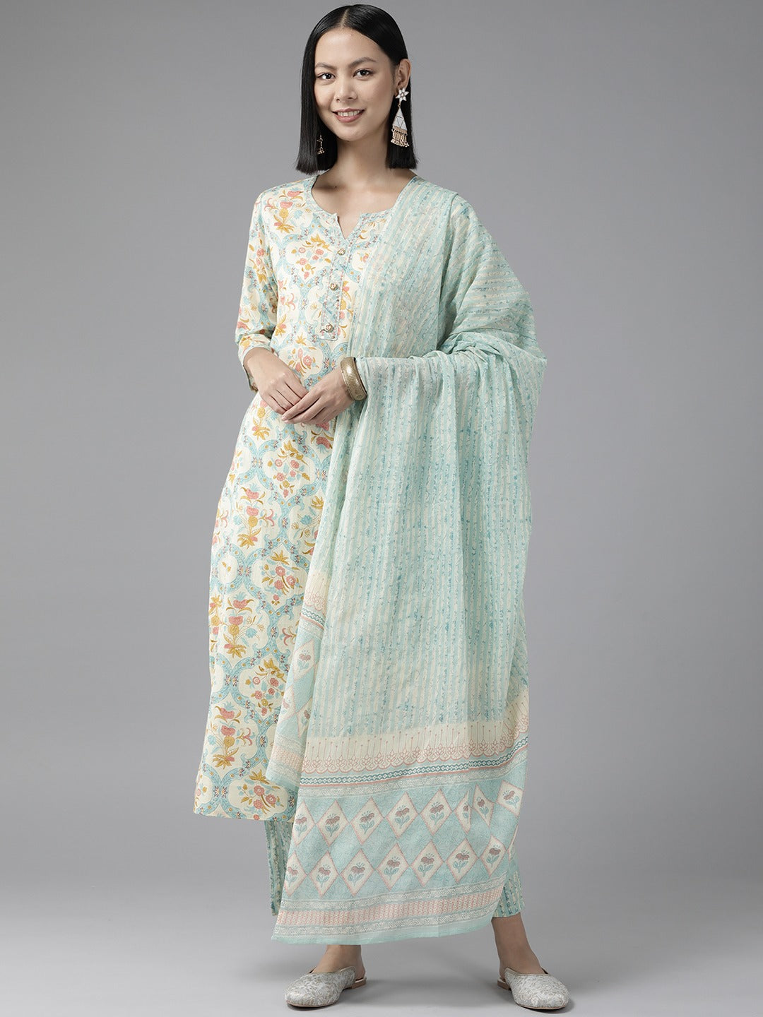 Off White Floral Dupatta Set-Yufta Store-1111SKDSBS