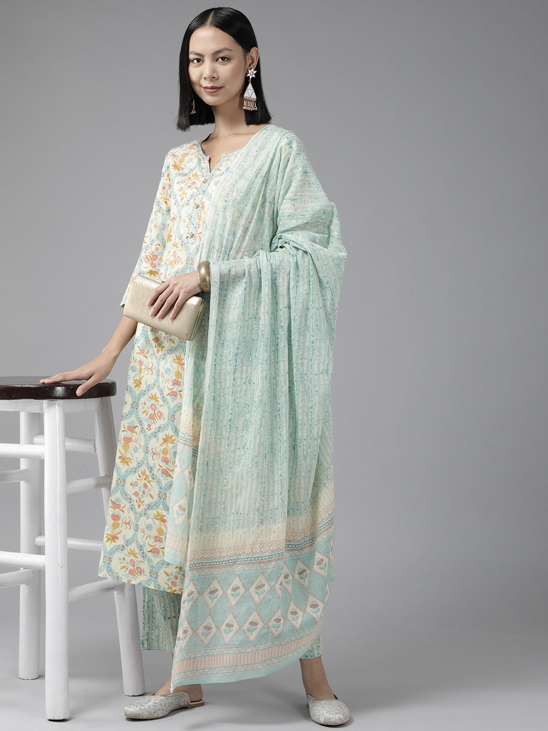 Off White Floral Dupatta Set-Yufta Store-1111SKDSBS