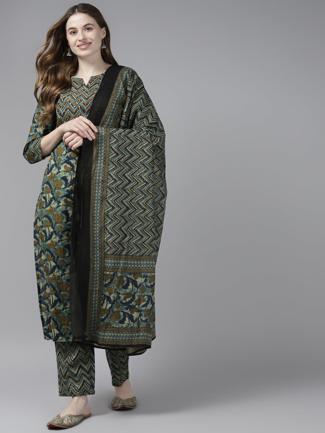 Olive Green Printed Dupatta Set-Yufta Store-9406SKDGRS